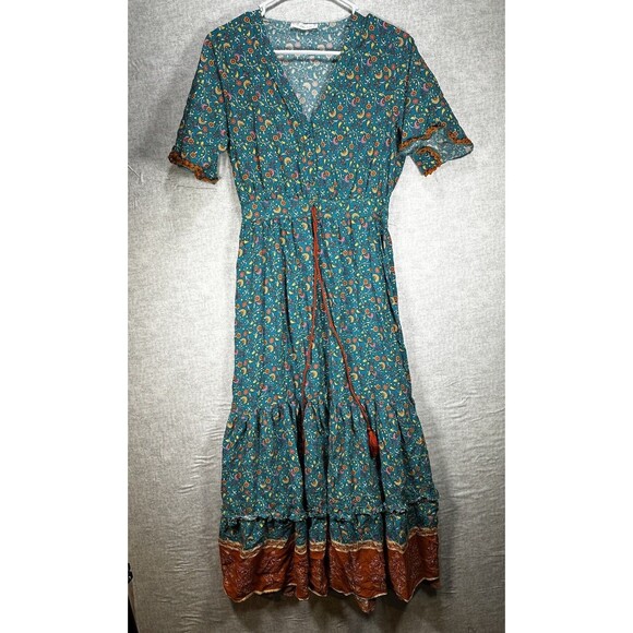 R. Vivimos Dress Womens Medium 8/10 Floral V Neck Short Sleeve Midi - Picture 1 of 7